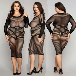 Body Sexy de encaje transparente de talla grande, medias negras, vestido, ropa interior de mujer, Catsuit erótico, lencería