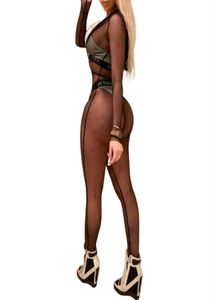 sexy bodysuit sheer jumpsuit visnet catsuit jumpsuit onesie kostuum full body kap lange mouw playsuit bodysuit vis mesh vrouwen1347685