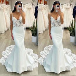 Sexy Boheemian Lace Mermaid Wedding Jurk 2022 Spaghetti Banden Long Train Beach Boho trouwjurken Elegante Backless Garden Bruids Vestido Novia Robe de Mariage