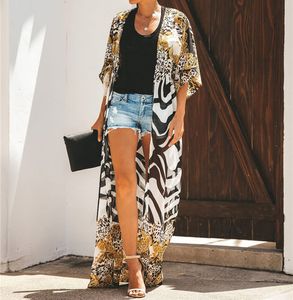 Sexy bohème imprimé Long Kimono Cardigan en mousseline de soie Blouse été vêtements de plage grande taille femmes chemises haut femme N912