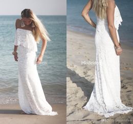 Sexy Boho Beach Vestidos de novia de encaje completo Sin tirantes Barrido Tren Vestido de novia Vestidos de novia Vestidoe De Noiva robes de mari￩e sir￨ne Custom