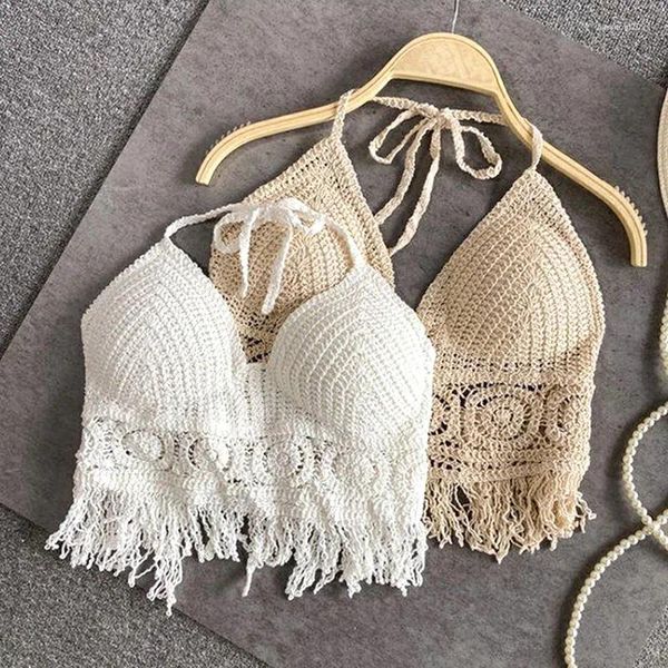 Sexy Boho Beach Holiday Camisole Halter Femmes Crochet Tricot Maillot De Bain Soutien-Gorge Dos Nu Gilet Creux Gland Débardeur Femmes Crop Tops