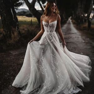 Robe de mariée longue en Tulle, style Boho, Sexy, col Spaghetti, perles, cristal, ligne A, robes de mariée