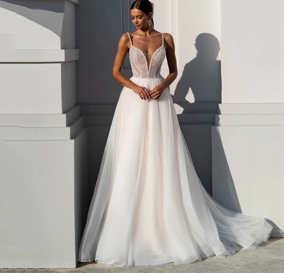 Sexy Boho Hochzeit Kleid 2024 V-ausschnitt Spaghetti-trägern Perlen Pailletten A-linie Prinzessin Birde Formale Kleider Vestido De Novia