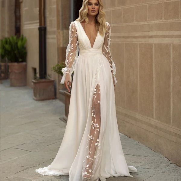 Sexy Boho Robe De Mariée Col En V Profond Manches Longues Robes De Mariée Dos Nu Appliques A-ligne Balayage Train En Mousseline De Soie Robes De Novias Robe De Mariage