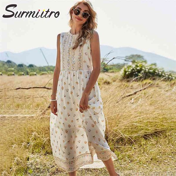 Sexy Boho Femmes Summer Robe longue Blanc Floral Print Sans manches Sundress Tunique Beach Party Sun Maxi Femme 210421