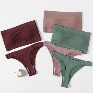 Sexy beha en slipjes vrouwen naadloze top ondergoedset strand dragen bikini stroeibare strapless bandeau push up lingerie si