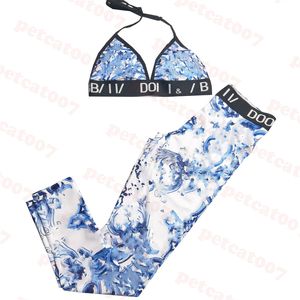 Designer Yoga Outfit Womens Sexy Bra Set Blue Pattern Maillots De Bain Pour Femmes Halter Tops Pantalon Élastique