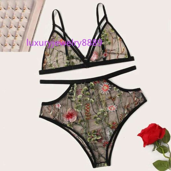 Conjunto de ropa interior transparente con sujetador Sexy para mujer, lencería Sexy con bordado de flores, Bralette erótico de realce, bragas sin costuras # W