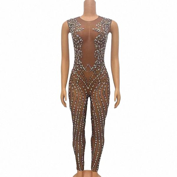 Sexy Brown Mesh Transparent Combinaison Leggings Skinny Danse Porter Body Survêtement Stes Creux Combinaison Performance Outfit k7Iq #