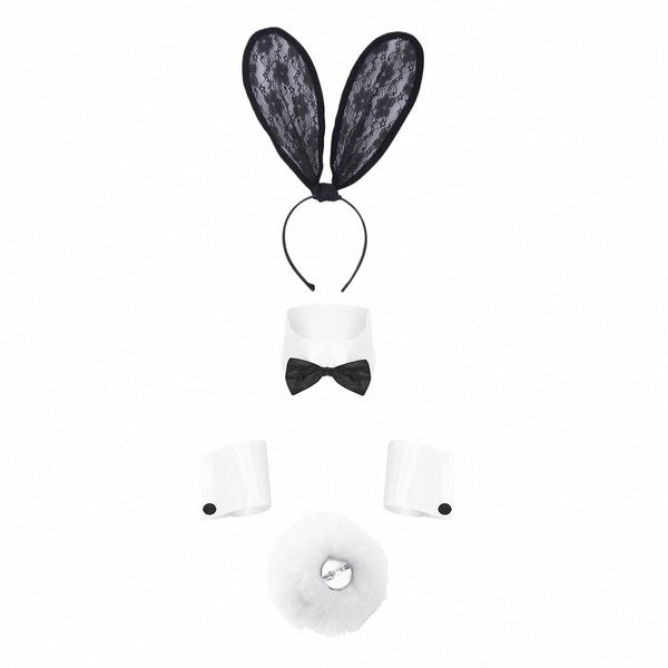 Sexy Bunny Cosplay Accories Set Orejas Diadema Collar de conejo Pajaritas Puños Bunny Tail Ball para Halen Disfraz de fiesta de Navidad h55p #