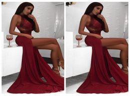 Robes de bal sirène bordeaux sexy longues 2018 en dentelle haute partage des robes de soirée en mousseline de soie