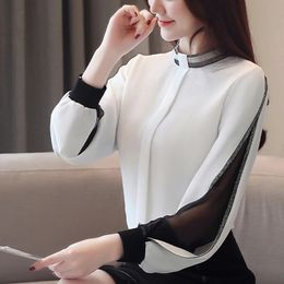 Sexy Casual uitgehold Mesh Koreaans Shirt Elegante Slanke Opstaande Kraag Vrouwen Tops blusa Chiffon Blouse Diamanten 240102