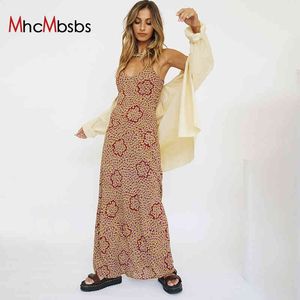 Sexy Casual Femme Slim Maxi Robe Floral Imprimé Spaghetti Strap Robes Summer Mode Dos Nu Boho Beach Holiday Robe 210517