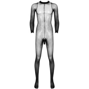 Sexy Catsuit Disfraces Hombre Ver a través de mangas largas transparentes Diseño de vaina de pene abierto Dedos cerrados Pantimedias de cuerpo elástico Medias Medias de cuerpo completo