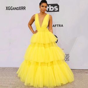 Sexy beroemdheid jurk 2019 sexy v-hals tiered ruche gele jurken prinses tule formele avondjurk vrouw plus size op maat gemaakt
