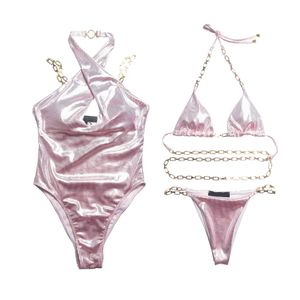 Bikinis de cadena sexys, traje de baño de una pieza con cuello Halter con espalda descubierta, traje de baño de Tanga con diamantes de imitación brillantes, bikinis acolchados para nadar