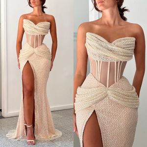 Sexy Champagne Sirène Robes De Bal Illusion Os Corsage Bretelles Paillettes Robe De Soirée Plis Fendu Formelle Longue Occasion Spéciale Robe De Soirée