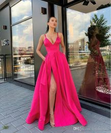 Sexy Goedkope A Line Prom Dresses Spaghetti Riemen Hoge Zij Split Satin Floor Lengte Plezingen Formele Jurk Evening Jassen Ogstuff