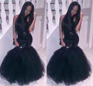 Sexy pas cher noir longue sirène robes de bal paillettes étincelantes licou halte sans taille plus taille de fête formelle robe de soirée vestios9837290