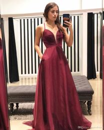 Sexy Goedkope Bourgondië Een lijn Prom Dresses Spaghetti Banden Backless Floor Lengte Plooien Formele Jurk Evening Jassen Vestidos de Noiva Ogstuff