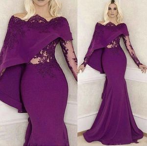 Sexy goedkope paarse zeemeermin prom jurkt op schouder met wrap cape illusie lange mouwen lange mouwen kanten appliques feestjurk avondjurken dragen dragen