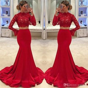 Sexy Pas Cher Rouge Deux Pièces Robes De Bal Nouveau À Manches Longues Col Haut Sirène Dentelle Balayage Train Formelle Robes De Soirée Africain Arabe Vestidos