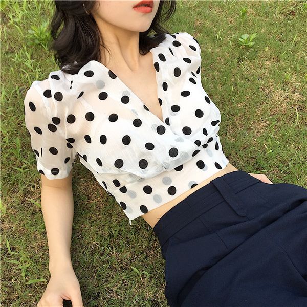 Sexy Chic Coréen Vintage Crop Tops V Cou À Manches Courtes Blouse Femmes Polka Dot Mousseline De Mousseline De Soie Haute Taille Slim Blusas Mujer Chemises 210429