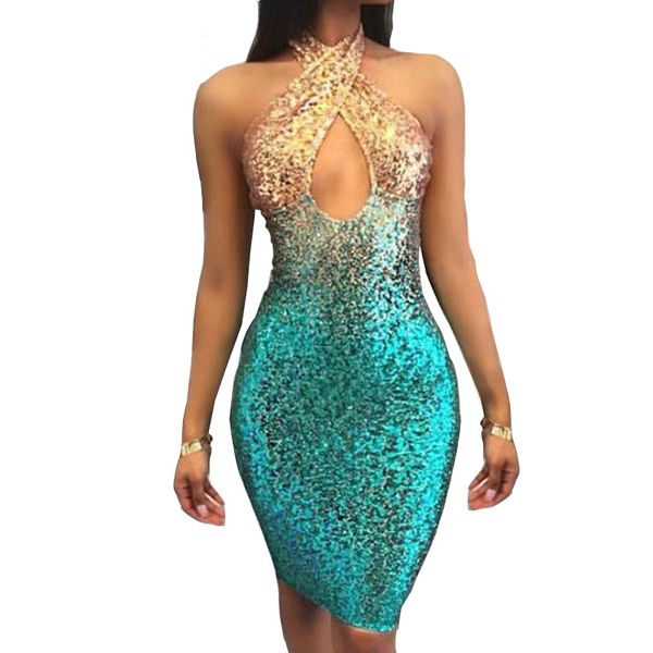 Sexy Chic Summer Gold Red Sequins Dress Backless sin mangas Bodycon Muliti Color Cross Halter Club Vestidos de fiesta Vestidos 210419