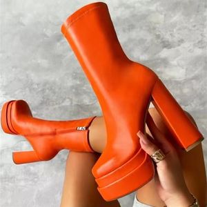 Sexy Dikke Hoge Hakken Enkel Schoenen voor Dames Punk Stijl Rits Dik Platform Elasticiteit Microfiber Laarzen Sapatos Femininos Voor meisjes feestschoenen 35-43