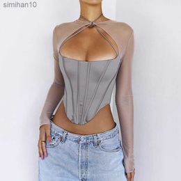 Sexy Club Party Blouses Vrouwen Corset Crop Tops 2023 Zomer Mesh Shirts Blouse Hollow Out Lange Mouwen Sex L230518