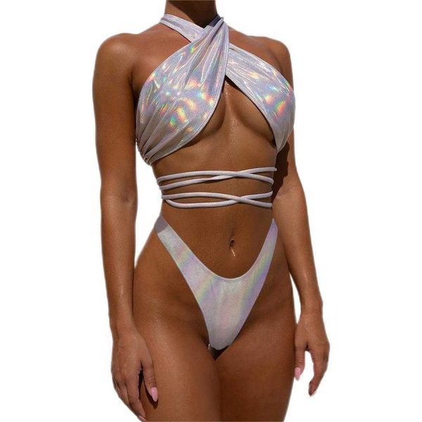 Sexy col croix Mini Bikini 2020 paillettes argent néon vert coupe haute Push Up femmes dentelle haut avec string maillots de bain P230525