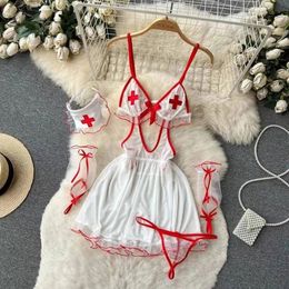 Sexy cosplay infirmière uniforme lingerie babydoll robe flirting inwear femmes vêtements costume 5 pièces robes de combinaison 240511