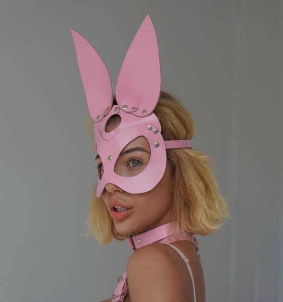 Sexy Cosplay Pink Bunny Máscara de cuero Bdsm Juegos para adultos Festival Rave Halloween Borla Máscaras Mujeres Mascarada Carnaval Fiesta Máscara Q06372190