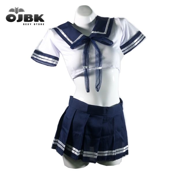 Sexy Cosplay School Girl Lingerie Outfit Minijupe Avec Velcro Onesize Dames Érotique Costume Robe Top Court Pour Les Femmes 211223