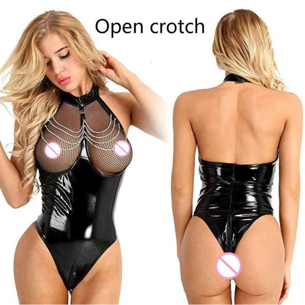 Costume sexy grande taille fermeture éclair entrejambe ouvert en cuir femme body voir à travers la poitrine nue justaucorps sexy maille lingerie érotique chaîne ceinture Sexi