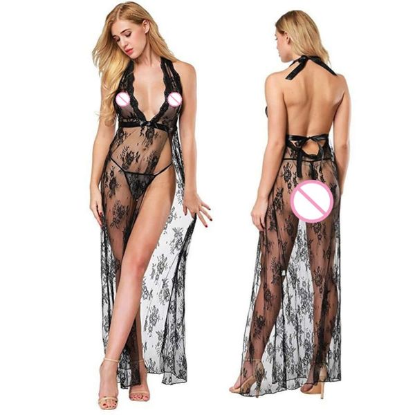 Costume sexy vêtements sexy femmes combinaison haute fente perspective érotique chemise de nuit longue robe maille col suspendu évider dames chemise de nuit