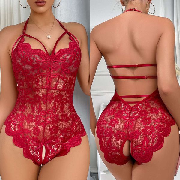 Costume sexy sexy rouge sans entrejambe lingerie femme dentelle transparente costumes érotiques Teddy bébé poupée robe profonde V ouvert soutien-gorge porno ensemble de sous-vêtements