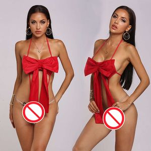 Costume sexy Collants sexy Bowknot Halter Soutien-gorge rouge pour femme Body doux et lisse Lenceria Para Mujer Noël Meilleurs cadeaux de couple
