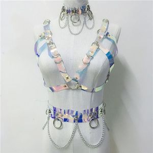 Sexy kostuums gotische handgemaakte holografische PVC 3-delige set vrouwen kraag choker sexy crop top link keten taille riem rave festival ma295v