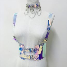 Disfraces sexy jarretelles PVC transparente brillante láser ceinture de harnais Cage corporelle pour femmes sangles holographiqu269Z