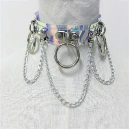 Disfraces sexys jarretelles PVC transparente brillante láser ceinture de harnais Cage corporelle pour femmes sangles holographiques LL