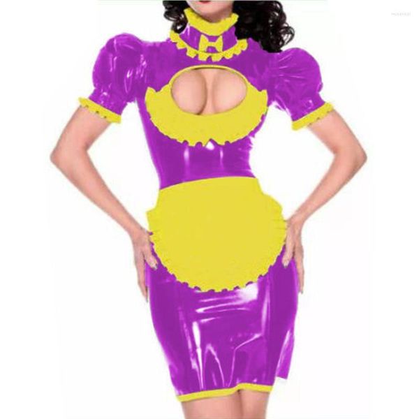 Disfraces sexy Sissy Vestido de cuero de PVC Uniforme con cerradura Criada francesa Disfraz de cosplay Wetlook Clubwear Manga abullonada PU brillante Vestidos de lujo