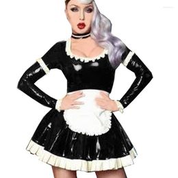 Sexy kostuums vrouwen lange mouw glanzende PVC meid jurk maids Halloween cosplay kostuum sissy faux lederen plus size s-7xl jurken met schort