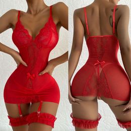 Costumes sexySexy dentelle voir à travers fronde chemise de nuit érotique jarretière anneaux de jambe profond V serré Pamas femme sexe boutique de lingerie grande taille nuisette