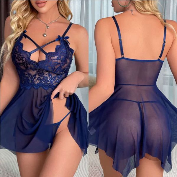 Costumes sexyFemmes Sexy dentelle nuisette vêtements de nuit Deep-v nuit dormir chemise de nuit Lingerie fille Slip robe femme transparente mince chemise de nuit