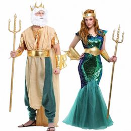 Pareja sexy Neptuno Mar Sirena Sirena Reina Disfraz Hombres Rey Poseid Disfraz Halen Purim Carnaval Juego de rol Dr para adultos 57Q1 #