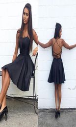 Sexy Criss Cross Back Little Black Cocktail Robes 2019 Spaghetti Stracts Satin Short Homecoming Party Gowns5865581