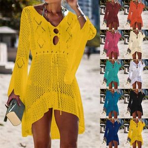 Sexy Crochet Tricoté Plage Couvrir Gland Cravate Beachwear Tunique Long Paréos D'été Maillot De Bain Seethrough Robe De Plage Bikini 220527