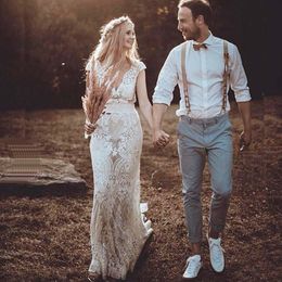 Sexy Haak Kantmeermin Boho Trouwjurk V-hals Backless Platteland Hippies Bohemian Trouwjurken 2022 Plus Size Dames Bruid Feestjurken Robe de Mariée